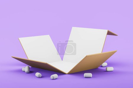 Téléchargez les photos : Grand carton ouvert mock up boîte cadeau vide sur fond violet. Concept d'achat cadeau, vente de vacances, anniversaire ou surprise. Illustration de rendu 3D - en image libre de droit