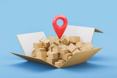 Photo for Large box with pile of cardboard parcels, large red location mark on blue background. Concept of delivery, shipping and relocation. 3D rendering illustration - Royalty Free Image