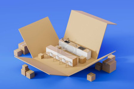 Photo for Top view of home kitchen cabinet and set of cardboard boxes, blue background. Concept of moving house, delivery and packaging of domestic furniture. 3D rendering illustration - Royalty Free Image