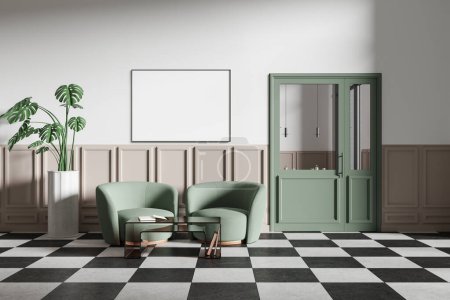Téléchargez les photos : Intérieur café blanc et beige avec deux fauteuils verts, cadre en toile maquette et porte verte avec plante au sol à carreaux. Espace de réunion moderne dans le restaurant. rendu 3D - en image libre de droit