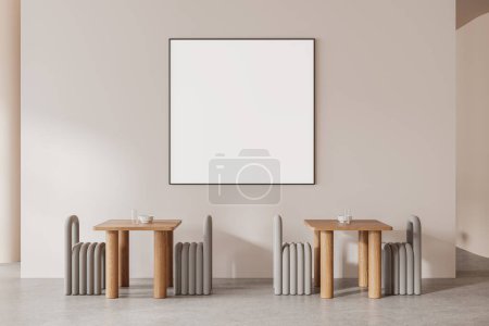 Photo for Stylish cafeteria interior with chairs and wooden tables in row, concrete floor. Beige restaurant eating space with furniture. Mock up empty canvas square poster. 3D rendering - Royalty Free Image