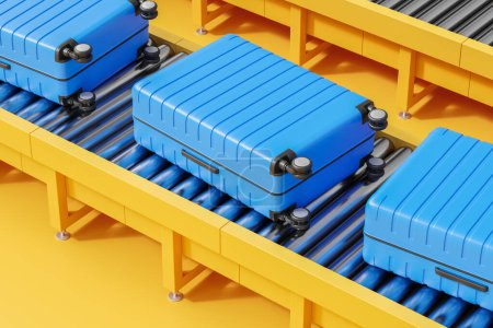 Foto de Maletas azules en cinta transportadora, ilustración digital, sobre fondo amarillo, concepto de viaje y manipulación de equipajes, representación 3D - Imagen libre de derechos