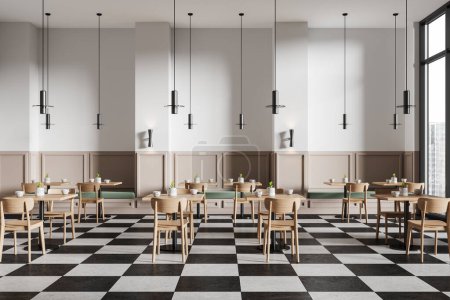 Téléchargez les photos : Intérieur d'un élégant restaurant minimaliste avec des murs blancs et beiges, des tables carrées et un sol à carreaux. Chaises en bois et canapés verts situés le long du mur. Rendu 3d - en image libre de droit