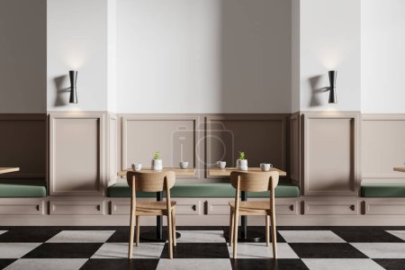Foto de Interior de elegante restaurante minimalista con paredes blancas y beige, mesas cuadradas y suelo a cuadros. Sillas de madera y sofás verdes. renderizado 3d - Imagen libre de derechos