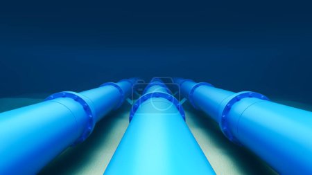 Undersea pipelines for transportation of gas or oil, with a simplistic style, on a dark blue oceanic background, depicting the concept of industrial underwater infrastructure. 3D Rendering