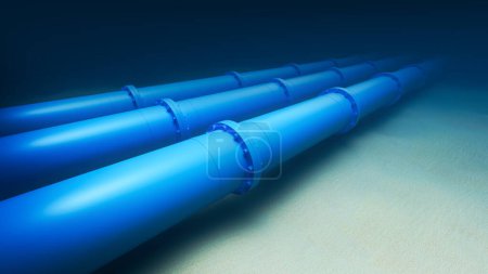 Téléchargez les photos : Une série de grands tuyaux bleus conçus pour le transport de gaz ou de pétrole, placés sur un fond bleu foncé, illustrant l'infrastructure industrielle. Rendu 3D - en image libre de droit