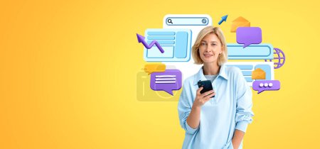 Photo for Happy smiling woman using phone, web bar search and speech bubbles with growing arrow lines. Concept of e-mail, website, search engine optimization and marketing research - Royalty Free Image