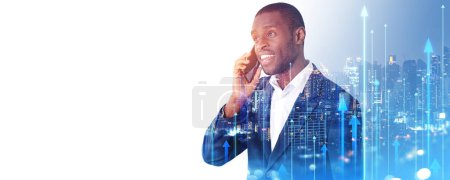 Photo for Black businessman talking on the phone, Bangkok city skyscrapers and rising arrow lines double exposure. Copy space empty background. Concept of global connection and financial conference - Royalty Free Image