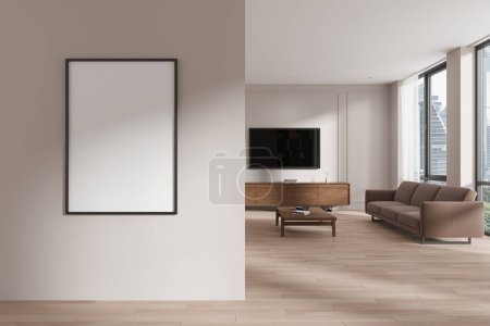 Foto de Interior de la sala de estar minimalista salón de oficina en casa con acogedor sofá y sillón beige, mesa de centro y ventana del paisaje urbano. piso de madera. Relájate y relájate. Maqueta vertical de lona. renderizado 3d - Imagen libre de derechos