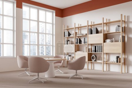 Foto de Moderno interior de oficina con muebles de madera, grandes ventanales y fondo de ciudad, luminoso y espacioso. Renderizado 3D - Imagen libre de derechos