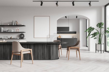 Foto de Interior de la cocina moderna con póster en blanco en la pared, muebles de madera y plantas de interior, sobre un fondo blanco, concepto de decoración del hogar. Renderizado 3D - Imagen libre de derechos