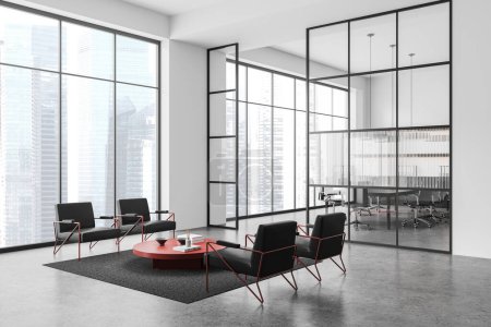 Téléchargez les photos : Salon de bureau moderne avec des chaises noires, une table rouge et une grande fenêtre donnant sur un paysage urbain, avec un environnement spacieux et lumineux. Rendu 3D - en image libre de droit