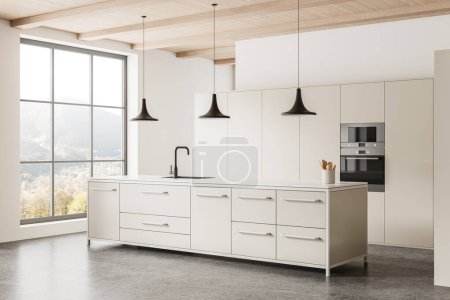 Foto de Interior de la cocina moderna con gran ventana, armarios blancos y electrodomésticos contemporáneos sobre un fondo claro, concepto de diseño del hogar. Renderizado 3D - Imagen libre de derechos