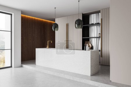 Photo for A modern bathroom interior with a large window, stone island with a sink, wooden accents, and stylish pendant lights, concept of luxury and contemporary home design. 3D Rendering - Royalty Free Image