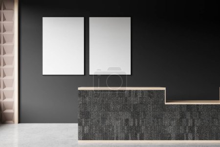 Téléchargez les photos : Un espace de réception moderne avec deux affiches encadrées blanches vierges sur un mur sombre, adapté à un usage de maquette dans un cadre chic. Rendu 3D - en image libre de droit