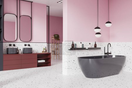 Téléchargez les photos : Intérieur de salle de bain moderne avec double vasque et baignoire autoportante, style contemporain, sur un sol en terrazzo, concept de luxe. Rendu 3D - en image libre de droit