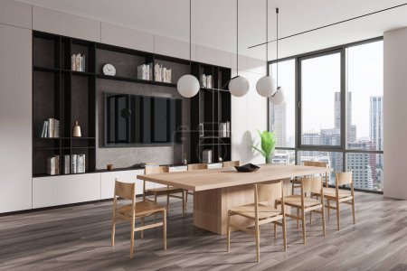 Téléchargez les photos : Intérieur moderne de la salle à manger avec mobilier en bois et vue sur le paysage urbain, concept immobilier, fond clair. Rendu 3D - en image libre de droit
