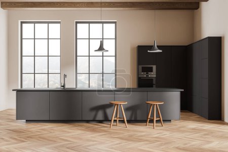 Foto de Interior de cocina moderna con suelo de madera y armarios negros bajo grandes ventanales, concepto de diseño. Renderizado 3D - Imagen libre de derechos