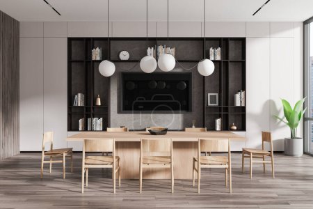 Téléchargez les photos : Salle à manger moderne avec mobilier en bois, lumières suspendues, et une armoire intégrée sur un fond en béton, concept d'intérieur de la maison. Rendu 3D - en image libre de droit