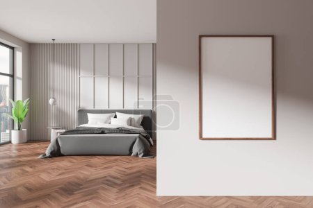 Téléchargez les photos : Intérieur de chambre moderne avec une affiche blanche vierge sur le mur, concept de décoration à la maison. Rendu 3D - en image libre de droit