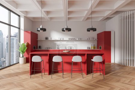 Téléchargez les photos : Cuisine moderne intérieure avec îlot rouge, tabourets blancs, et grandes fenêtres montrant un arrière-plan de la ville, lumineux et spacieux. Rendu 3D - en image libre de droit