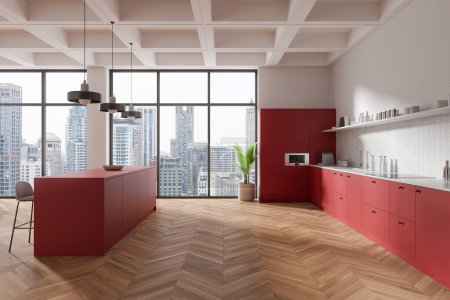 Téléchargez les photos : Intérieur de cuisine moderne avec armoires rouges, grandes fenêtres, et une vue sur le paysage urbain, mettant en valeur un design lumineux et contemporain, concept de vie urbaine. Rendu 3D - en image libre de droit