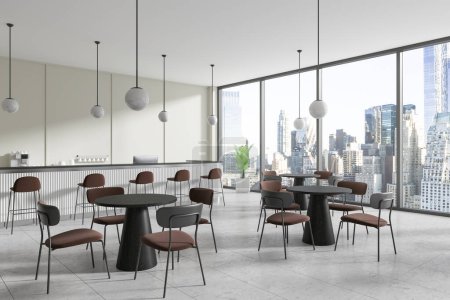 Téléchargez les photos : Un intérieur de café moderne avec un mobilier élégant donnant sur un paysage urbain, situé sur un sol clair, mettant en valeur un concept urbain. Rendu 3D - en image libre de droit