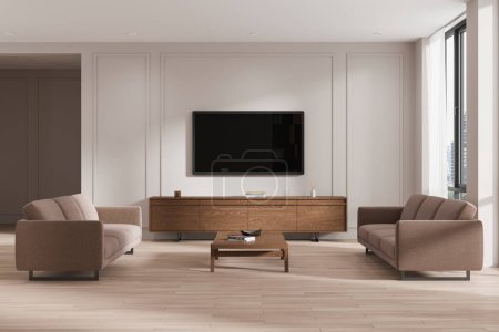 Téléchargez les photos : Salon intérieur moderne avec un écran de télévision monté sur le mur, canapés, meubles en bois, et plancher chevrons, concept de minimalisme. Rendu 3D - en image libre de droit