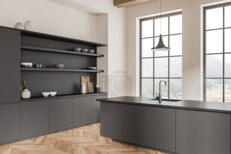 Photo for Corner view of hotel kitchen interior with bar island, cooking cabinet with shelves and kitchenware, hardwood floor. Panoramic window on countryside. 3D rendering - Royalty Free Image