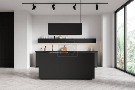 Photo for White and black home kitchen interior with bar island on hardwood floor. Dining and cooking space with shelves and kitchenware, panoramic window on tropics. 3D rendering - Royalty Free Image