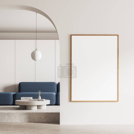 Photo for Elegant home living room interior with modular sofa on podium, coffee table on concrete floor. Scandinavian relax place and mock up canvas poster on arched wall partition. 3D rendering - Royalty Free Image