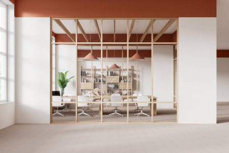 Beige office interior with meeting rooms, table with chairs on carpet. Glass conference spaces for negotiation with decoration. Two workplaces for discussion with cozy design. 3D rendering