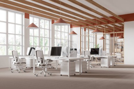 Photo for Corner view of workplace interior with coworking and glass meeting room, pc computers on white desks and armchairs in row. Panoramic window on tropics. 3D rendering - Royalty Free Image