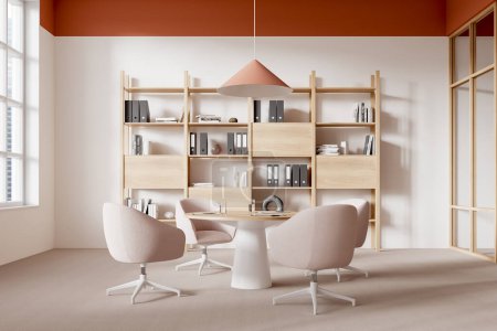 Photo for Stylish meeting interior with soft armchairs and round board, shelf with decoration and business documents. Ceo negotiation space with panoramic window on skyscrapers. 3D rendering - Royalty Free Image