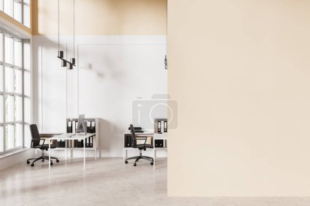 Photo for Beige office interior with pc computers and armchairs in row. Work tables with shelves and business folders, panoramic window on tropics. Mockup empty wall partition. 3D rendering - Royalty Free Image