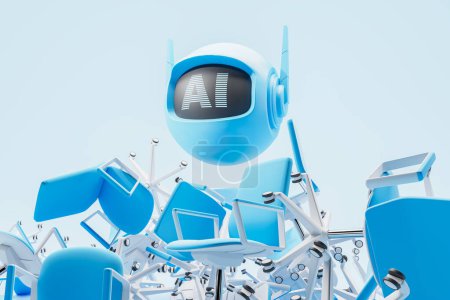 Photo for Flying cartoon AI bot on pile of office chairs, blue background. Concept of robot replace human, artificial intelligence and job loss. 3D rendering illustration - Royalty Free Image
