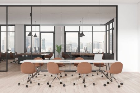 Photo for Cozy business interior with glass meeting room and coworking space, pc computers on desks in row, armchairs on hardwood floor. Panoramic window on Kuala Lumpur skyscrapers. 3D rendering - Royalty Free Image