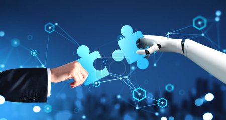 Robot y manos humanas que conectan piezas del rompecabezas, líneas brillantes del holograma digital. Redes con inteligencia artificial, asistencia y automatización. Concepto de aprendizaje automático