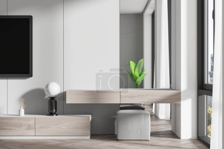 Photo for Cozy bedroom interior with beauty dresser, tv display and sideboard with pouf and decoration, hardwood floor. Panoramic window on New York skyscrapers. 3D rendering - Royalty Free Image