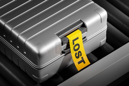 Photo for Top view closeup of hard case travel luggage with yellow lost sticker, lying on a airport conveyor belt. Concept of unclaimed baggage. 3D rendering illustration - Royalty Free Image