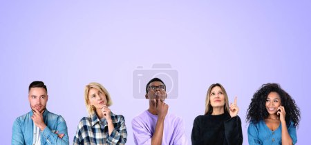 Photo for Thoughtful portraits of multinational young men and women in row, smiling and thoughtful portraits on copy space purple background. Concept of idea, teamwork and brainstorm - Royalty Free Image