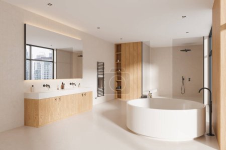 Photo for Corner view of modern hotel bathroom interior with bathtub, double sink with wooden dresser and glass shower. Beige and wooden bathing space in studio apartment. 3D rendering - Royalty Free Image