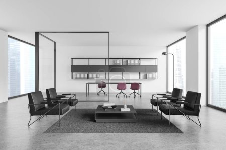 Photo for Minimalist ceo interior with relax place, black leather armchairs and coffee table. Glass workplace with desk, laptop and chairs on grey concrete floor. Panoramic window on skyscrapers. 3D rendering - Royalty Free Image
