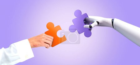 Foto de Una mano humana y un brazo robótico sosteniendo piezas de rompecabezas a juego sobre un fondo púrpura, simbolizando la colaboración y la innovación - Imagen libre de derechos
