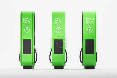 Téléchargez les photos : Three green electric vehicle charging stations on a plain white background, concept of green energy. 3D Rendering - en image libre de droit