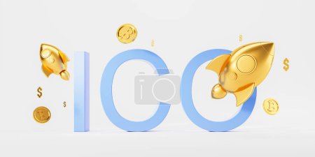 Téléchargez les photos : Fusées d'or et pièces de crypto-monnaie avec les lettres ICO symbolisant l'offre initiale de pièces, sur un fond blanc, reflétant un concept d'investissement futuriste. Rendu 3D - en image libre de droit
