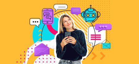 Photo for Smiling woman portrait using phone, ai chat bot doodle icons with communication and web search on colorful background. Concept of machine learning and virtual assistant - Royalty Free Image