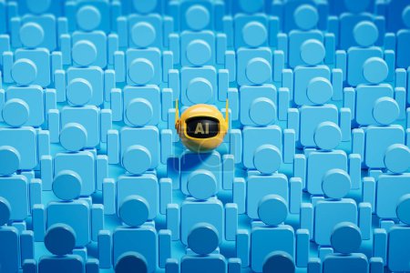 Foto de Fila de figuras azules de pie y amarillo AI bot. El concepto de robot reemplaza la inteligencia humana, artificial y la pérdida de trabajo. Ilustración de representación 3D - Imagen libre de derechos