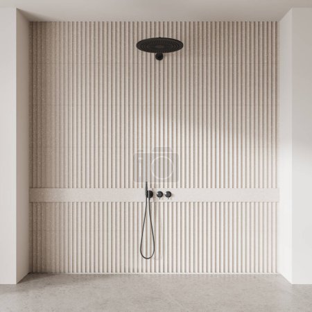 Téléchargez les photos : Hôtel de luxe salle de bain intérieure avec douche au sol en béton clair. Design minimaliste d'espace de bain beige dans un studio moderne élégant. rendu 3D - en image libre de droit