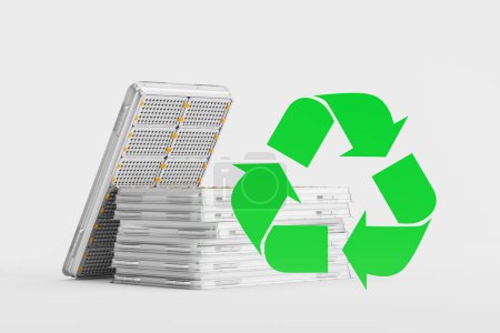 Photo for Stack of EV batteries packs and big green energy symbol. Concept of metal utilization, smart car industry and recycling of materials. 3D rendering illustration - Royalty Free Image